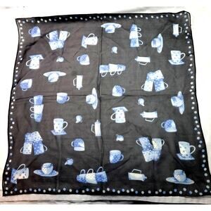 Coffee Tea Lovers Scarf Sheer Blue White Cups Pots Polka Dot Edging